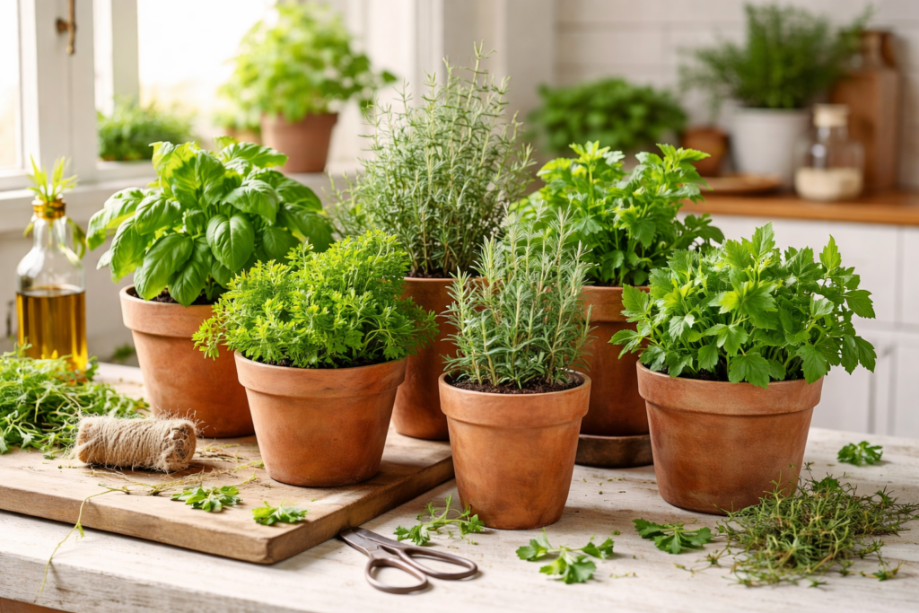 Herbes fraîches sur un plan de travail